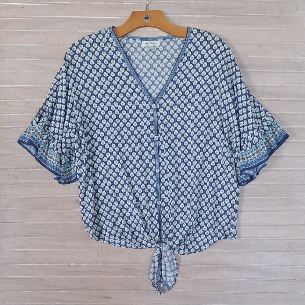 Max Studio Boho Geometric Print Tie Front Button Oversized Flowy Blouse Top